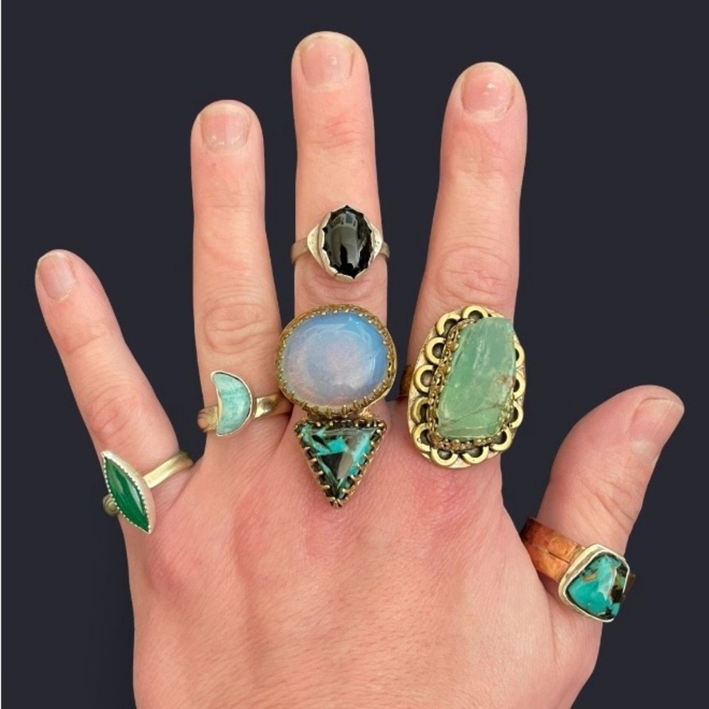 Large Raw Green Calcite + Ornate Brass Ring